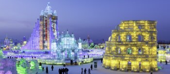 Spectacular illuminated ice sculptures at the Harbin Ice and Snow Festival in Harbin Heilongjiang Province China Asia